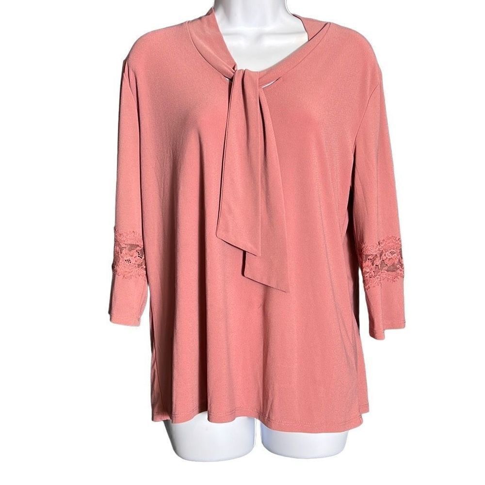 Liz McCoy Women's Bow Neck Tie Blouse Quarter Lace Sleeve Work Top Casual Pink